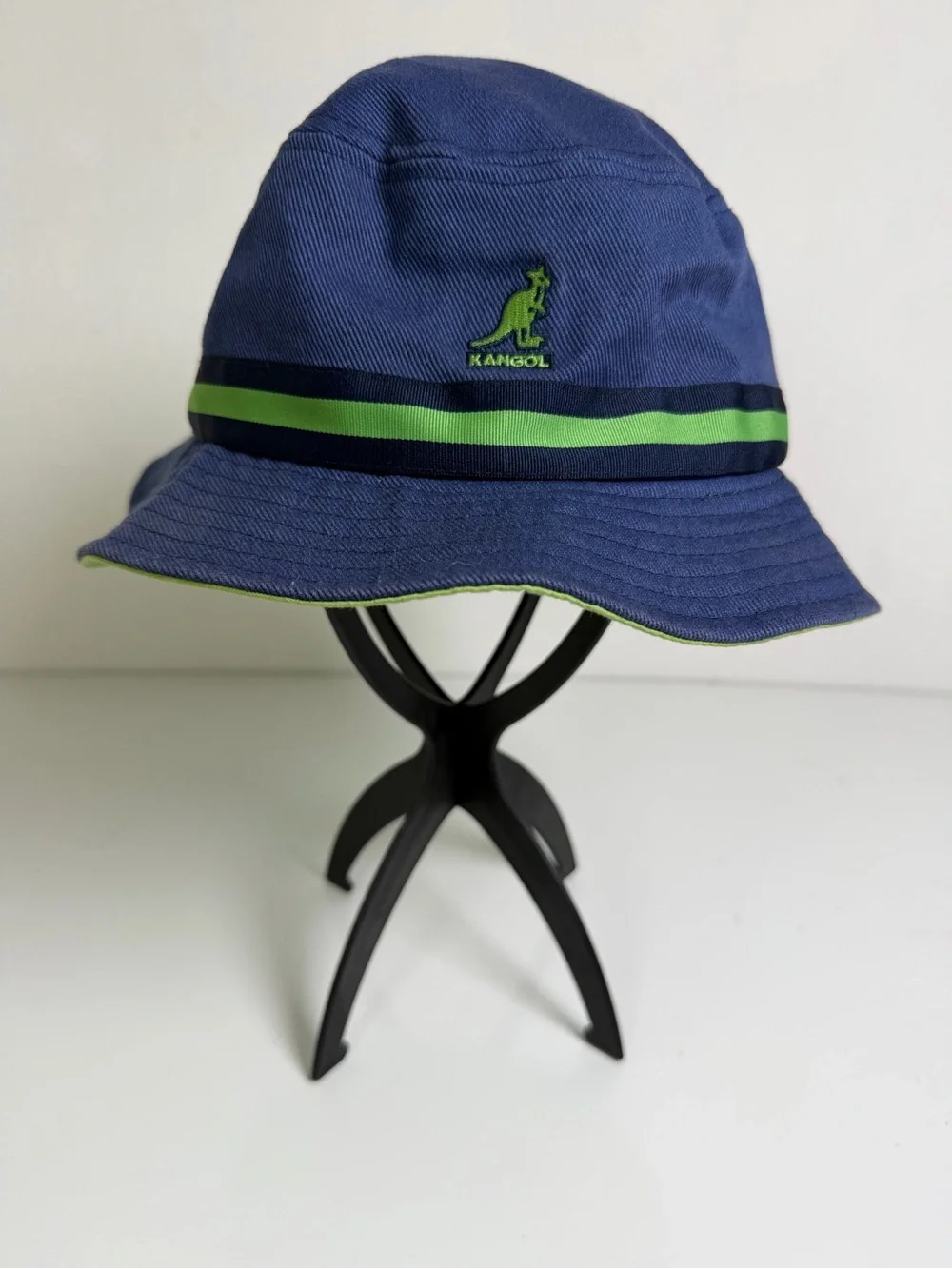 Kangol Men’s XL Blue Lime Green Stripe Cotton Bucket Hat Embroidered Logo Unisex